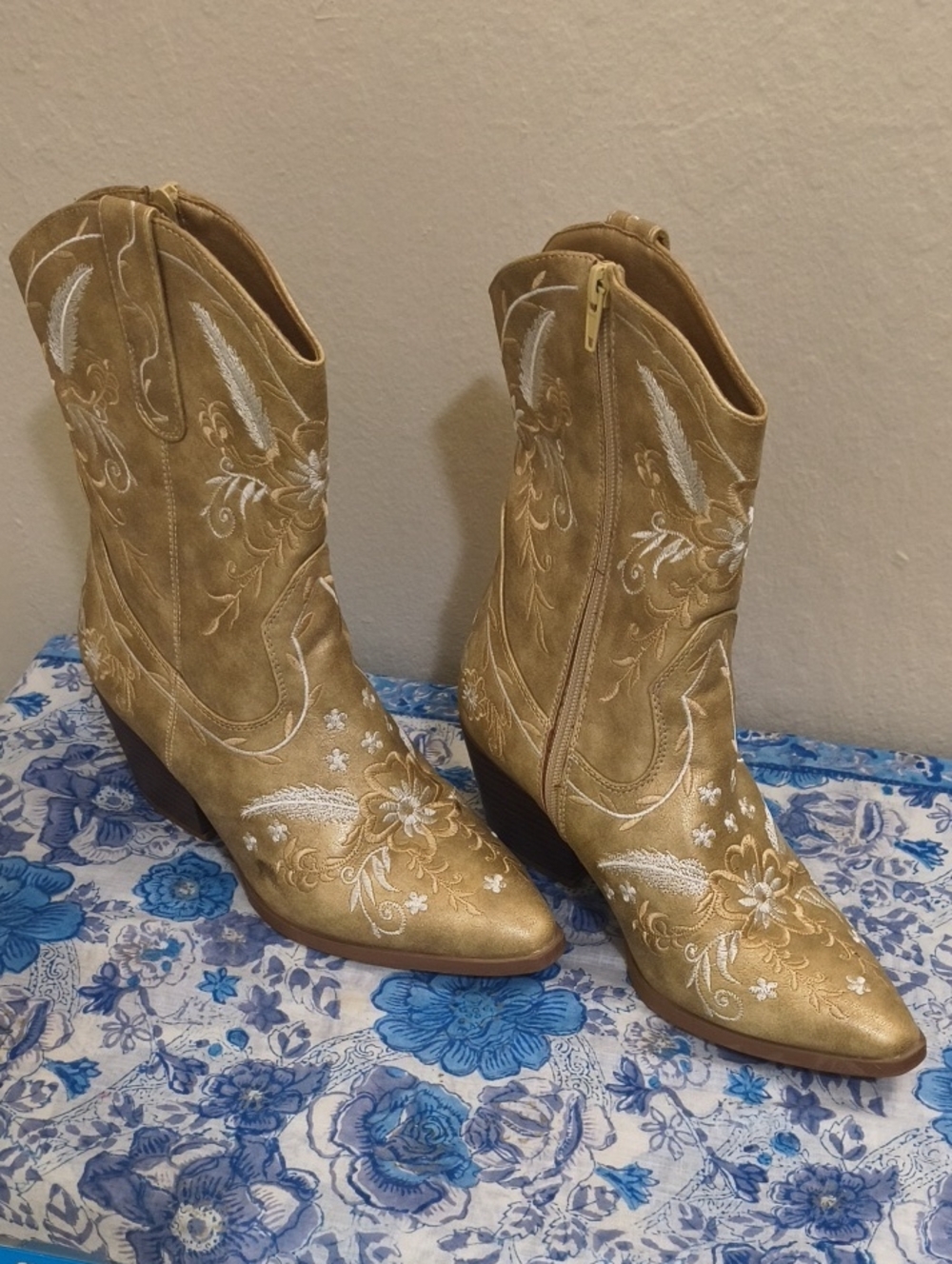 Women's Embroidered Western Calf Boots - Gold